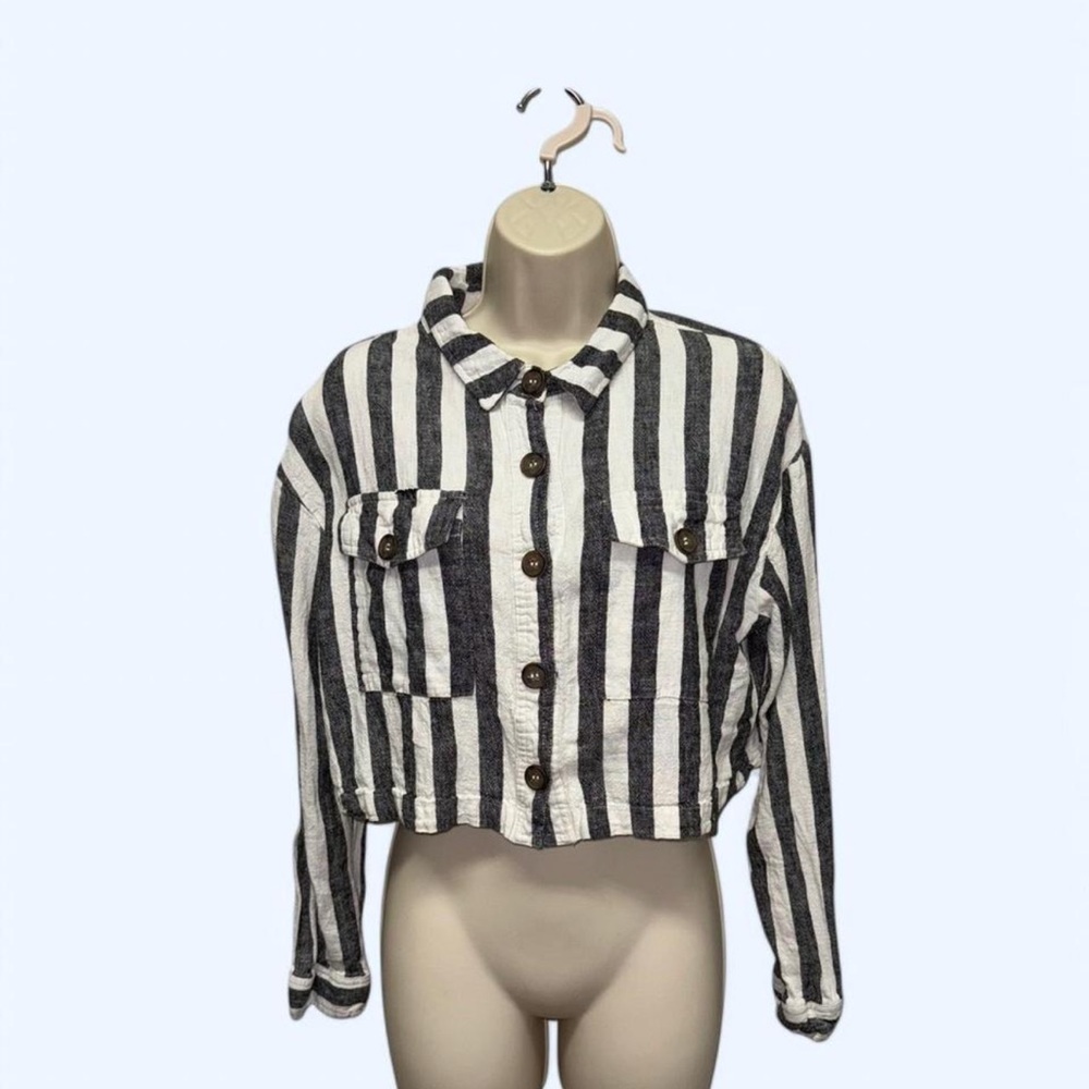 Love Tree Black and White Striped Jean Jacket